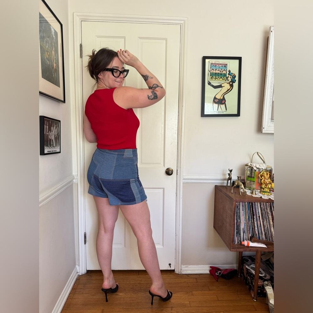70s Vintage Faux Denim High Waisted Patchwork shorts - Picture 3 of 10